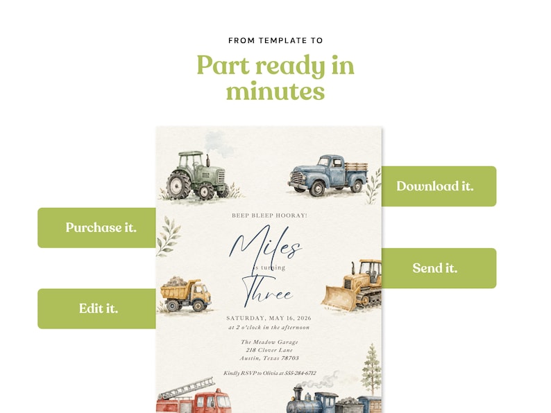 May include: A digital invitation template featuring watercolor illustrations of a green tractor, blue truck, yellow dump truck, bulldozer, fire truck, and train. Text reads: BEEP BLEEP HOORAY! Miles is turning Three, Saturday, May 16, 2026, at 2 o'clock.