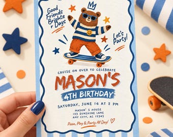 Bear 4th Birthday Invitation | Teddy Bear Fourth Birthday Invite | Bear Birthday Party | Editable Canva Template | Digital Download