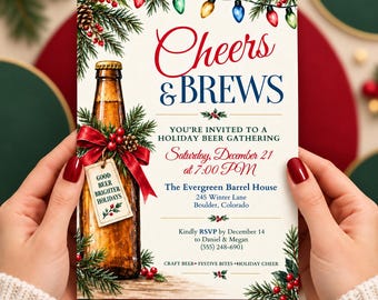 Cheers and Brews Christmas Invitation | Christmas Beer Party Invite | Holiday Drinks Party | Editable Canva Template | Digital Download