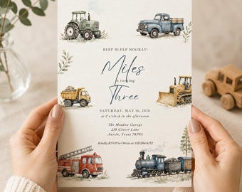 Transportation 3rd Birthday Invitation | Vehicles Birthday Invite | Cars Trucks Trains Party | Editable Canva Kids Invitation JI005