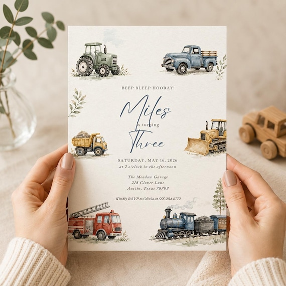 Transportation 3rd Birthday Invitation | Vehicles Birthday Invite | Cars Trucks Trains Party | Editable Canva Kids Invitation JI005