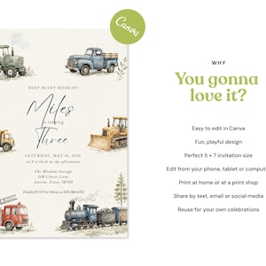 May include: A birthday invitation template featuring watercolor illustrations of a green tractor, blue pickup truck, yellow dump truck, bulldozer, red fire engine, and a train. Text includes BEEP BEEP HOORAY! Miles is turning Three, date, time, and location.