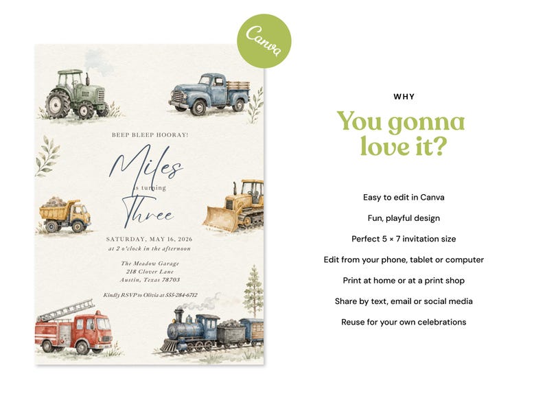May include: A birthday invitation template featuring watercolor illustrations of a green tractor, blue pickup truck, yellow dump truck, bulldozer, red fire engine, and a train. Text includes BEEP BEEP HOORAY! Miles is turning Three, date, time, and location.