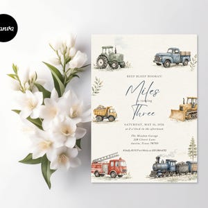 May include: A birthday invitation card featuring watercolor illustrations of a green tractor, blue pickup truck, yellow dump truck, bulldozer, red fire engine, and a steam train. The text reads BEEP BLEEP HOORAY! Miles is turning THREE, SATURDAY, MAY 16, 2026.