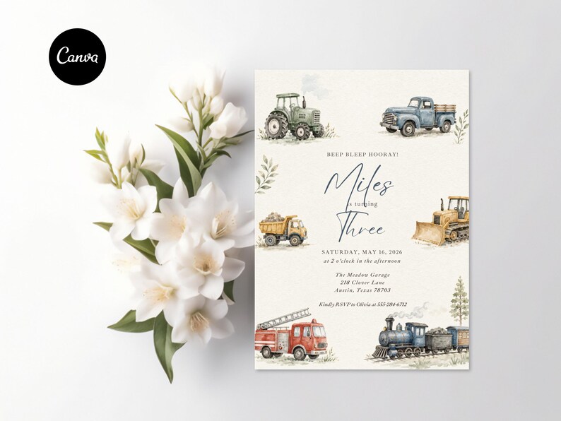 May include: A birthday invitation card featuring watercolor illustrations of a green tractor, blue pickup truck, yellow dump truck, bulldozer, red fire engine, and a steam train. The text reads BEEP BLEEP HOORAY! Miles is turning THREE, SATURDAY, MAY 16, 2026.