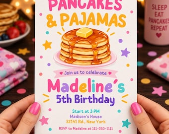 Pancakes and Pajamas Invitation | Pajama Birthday Party Invite | Breakfast Birthday Invitation | Editable Canva Sleepover Party Template