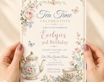 Vintage Tea Party Birthday Invitation | Garden Tea Party Invite | Elegant Floral Birthday Template | Editable Canva Birthday Invite Template