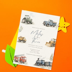 May include: A rectangular birthday invitation card featuring watercolor illustrations of a green tractor, blue pickup truck, yellow dump truck, bulldozer, red fire engine, and a steam train. The text reads BEEP BLEEP HOORAY! Miles is turning THREE, SATURDAY, MAY 16, 2026, at 2 o'clock in the afternoon, The Meadow Garage, 218 Clover Lane, Austin, Texas 78703, Kindly RSVP to Olivia at 555-284-6712.