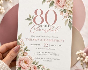 Floral 80th birthday Invitation | Elegant Eightieth Birthday Invites | Floral Milestone Parties | Editable Canva Template | Digital Download