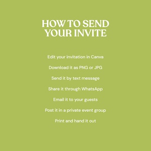 May include: A light green informational graphic with white text that reads: HOW TO SEND YOUR INVITE, Edit your invitation in Canva, Download it as PNG or JPG, Send it by text message, Share it through WhatsApp, Email it to your guests, Post it in a private event group, Print and hand it out.