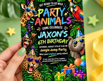 Party Animals Birthday Invitation | Wild Animal Birthday Party Invite | Colorful Kids Animal Party | Editable Canva Invite Digital Download
