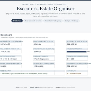 Peut inclure: Un tableur numérique Executor's Estate Organiser pour Excel et Google Sheets. Le tableau de bord affiche des données financières, notamment la succession brute, les dettes, la succession nette, la progression et les distributions aux bénéficiaires.