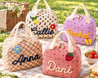 Bolsa de almuerzo infantil personalizada con nombre personalizado, linda bolsa de almuerzo floral para la escuela, regalo de regreso a clases