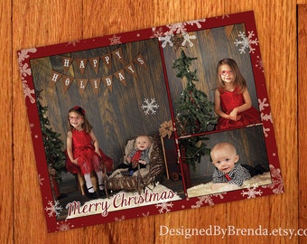 Christmas Card with 3 Photos - White Snowflakes on Red Background - Can be any color - Whimsical Holiday Card with Winter Feel - Inexpensive