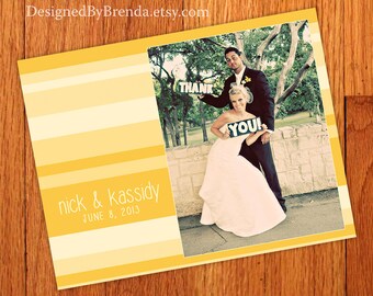 Modern Wedding Thank You Cards with Photo on Front and Back - Stripes can be ANY color - Clean & Simple - Free Shipping - Fun Yellow