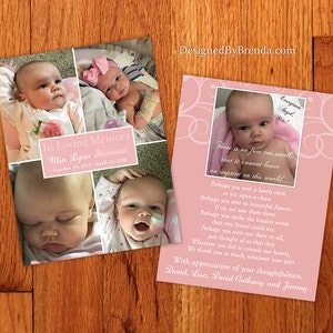 Pink Double Sided Memorial Card with Photo Collage and Poem - Funeral Thank You Note or Sympathy Postcard - Infant Loss - Can be Any Color