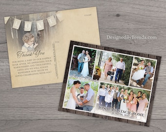 Wedding Thank You Card with Custom Photo Collage on Rustic Wood Background - Double Sided with Vintage Postcard Look and Picture on Back