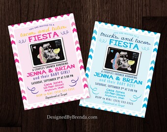 Fiesta Baby Shower Invitation with Ultrasound Image - Tacos and Tutus for Baby Girl or Trucks and Tacos for Baby Boy - Sonogram w/ Sombrero