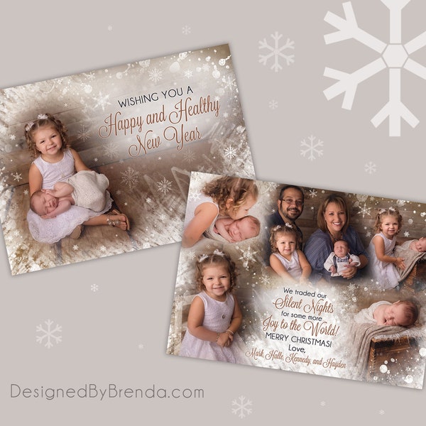 Unique Christmas Card with Custom Blended Photo Collage and Beautiful Snowflake Overlay - Double Sided Holiday Card - New Baby Holiday Card