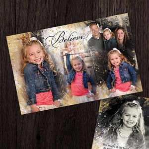 Believe Holiday Card, with Multiple Photos in Beautiful Collage, Metallic Gold - Custom Designed, Double Sided - Very Unique Christmas Card