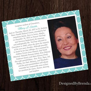 May include: A teal and white patterned memorial card with a photo of a woman smiling. The text reads "Longtime resident of Greensboro, Mary J. Smith, died on Thursday, March 30, 2017 at St. Anthony Peace Health Medical Center, attended by her immediate family. Born in Irvine, Alaska, on December 14, 1932 to Francis Von Trap and Veronica Sutherland, the vivacious and unforgettable Ms. Von Trap relocated to Greensboro in 1940, where she spent the majority of the next seven decades. Although preceded in death by her four siblings, she is survived by children. Forrest Jones (Susan), Jody Smith (Martin), Melinda Putnam (John), Kim (Valerie) Anderson (Jenn), and Mary Kinney (Fred). Her eight grandchildren Ron, Eryn, Ryan, Jed, Phillip, Jon Paul, Melanie, and Elizabeth- and five great grandchildren will always remember her irrepressible sense of fun; her penchant for music, theater, dancing, and laughter. DesignedByBrenda.com"