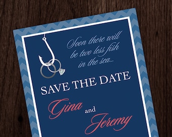 Save the Date, Soon there will be two less fish in the sea, Can be Card or Magnet, Two Wedding Rings on Fishing Hook, Navy Blue & Coral