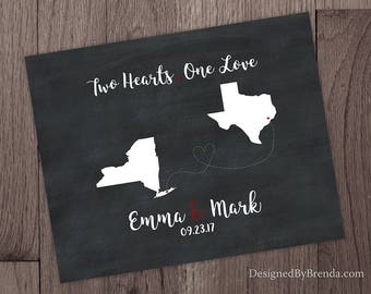 Chalkboard Style Print with States, Names & Wedding Date - Two Hearts, One Love - Valentines Gift for Couple / Newlyweds - Wedding Guestbook