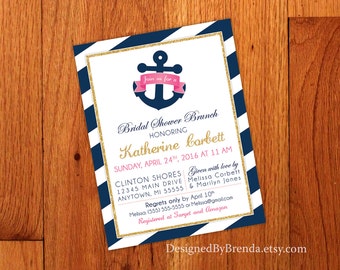 Nautical Anchor Bridal Shower Invitation - Navy Blue & Pink with Metallic Gold - Multiple Fonts with Blue Stripes - Boat, Ship, Yacht Theme