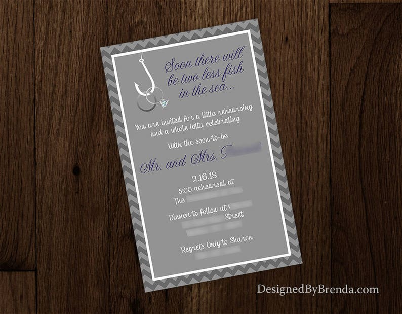 Two Less Fish in the Sea Wedding Invitation Coral & Navy Blue can be any colors Rings on Fishing Hook RSVP Cards can be added Custom image 10