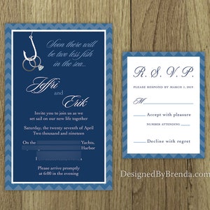Two Less Fish in the Sea Wedding Invitation Coral & Navy Blue can be any colors Rings on Fishing Hook RSVP Cards can be added Custom image 4