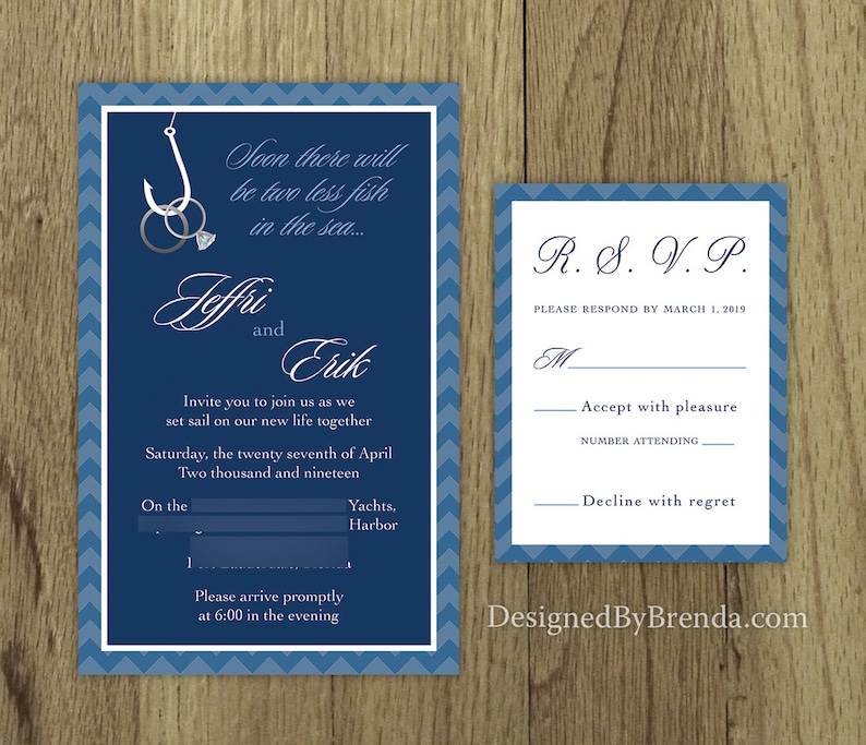 Two Less Fish in the Sea Wedding Invitation Coral & Navy Blue can be any colors Rings on Fishing Hook RSVP Cards can be added Custom image 4