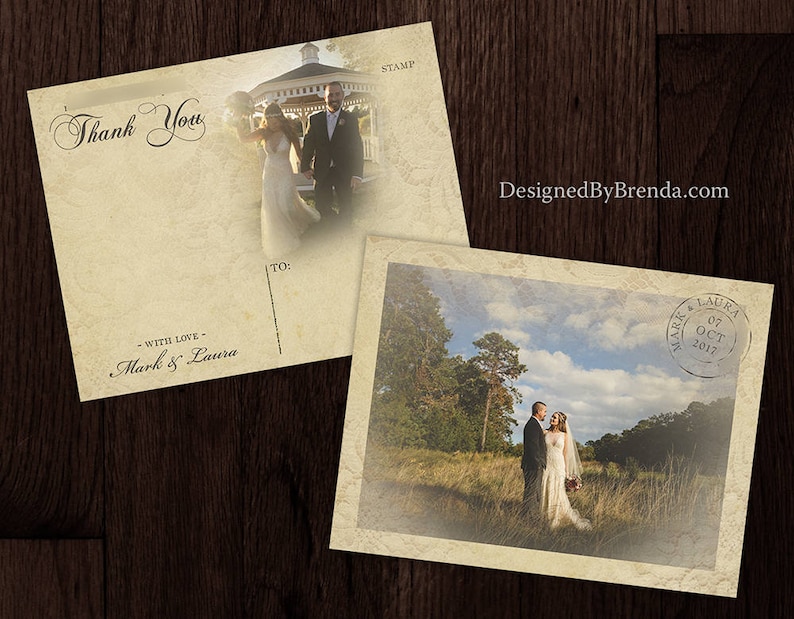 Vintage Lace Overlay Wedding Thank You Postcards With Rustic Photos ...