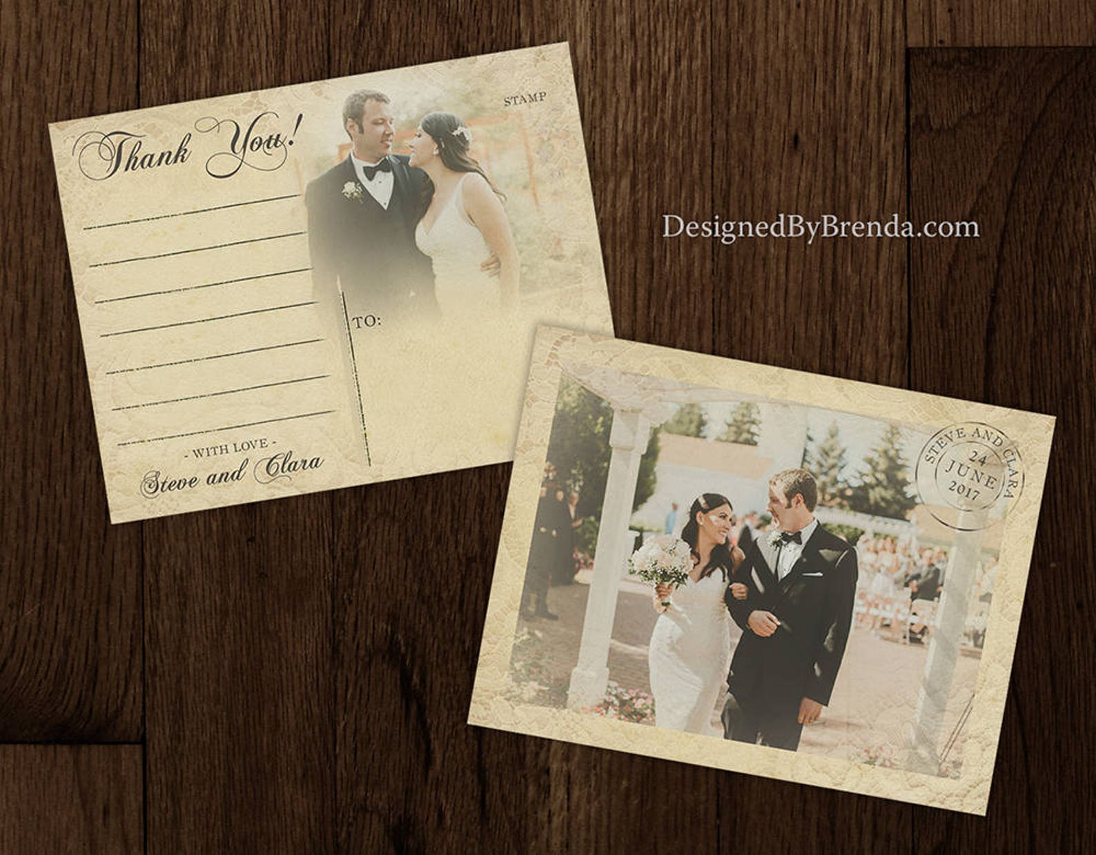 Vintage Lace Overlay Wedding Thank You Postcards With Rustic Photos ...