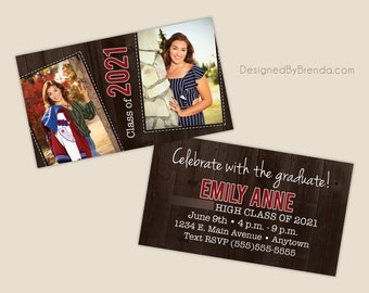 Mini Graduation Party Invitations with Photos - Business Card Sized Invites with Rustic Barn Wood Look - Small Size, Perfect for Classmates!