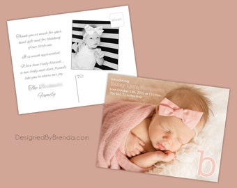 Modern Photo Birth Announcement with Monogram Letter & Large Baby Picture - Purple can be any color - Photo on Postcard back - Free Shipping