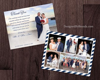 Nautical Wedding Thank You Cards with Custom Photo Collage - Navy Blue Strips with White Anchor - Double Sided with Printed Message - Unique