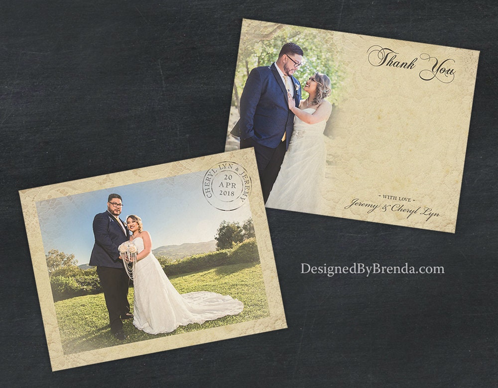 Vintage Lace Overlay Wedding Thank You Postcards With Rustic Photos ...