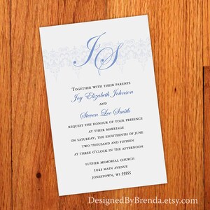 Classic Wedding Invitations w/ White Envelopes - Free shipping - Any Color or Occasion - Inexpensive - With Custom Monogram & Scrolls - Blue