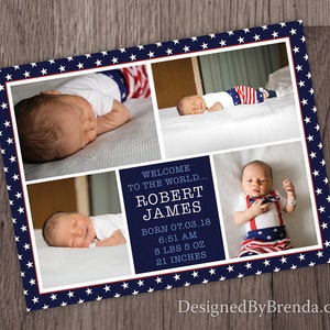Patriotic Red White & Blue Stars Birth Announcement Postcard - Baby Boy or Girl - 4 Pictures with Photo on back - Free Shipping - Any colors