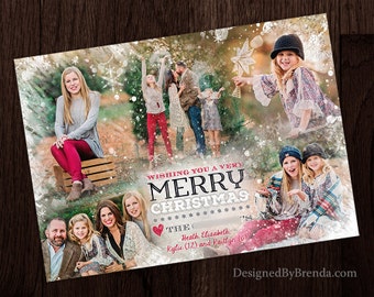 Large Christmas Card with Custom Blended Photo Collage with Abstract Snowflakes - Double Sided 5x7 with Postcard and Photo on Back - Unique