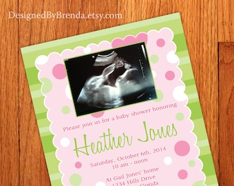 Baby Girl Shower Invitation with Ultrasound Image - Green Stripes & Pink Polka Dots - Any Colors - Printable File Available - Scalloped Edge