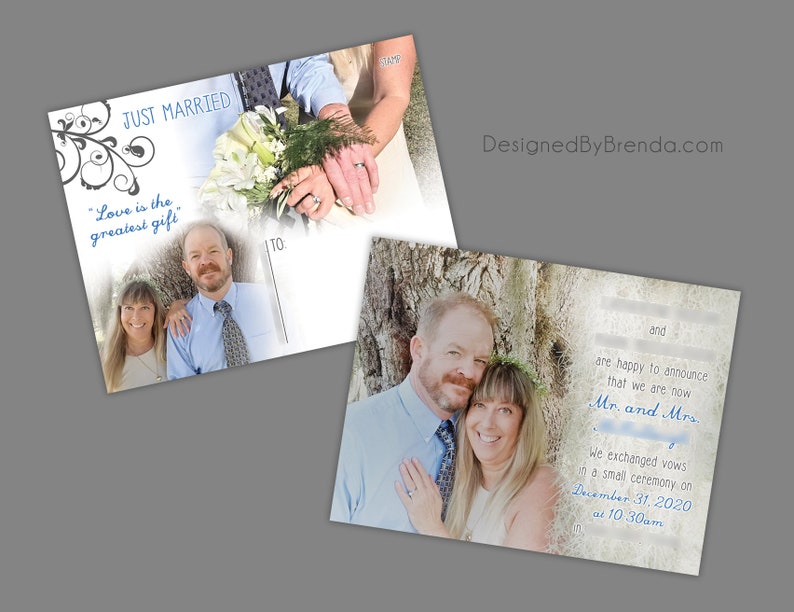 Just Married Wedding Announcements Double Sided Any Colors Photo on both sides Pefect for Destination Wedding or Elopement image 2