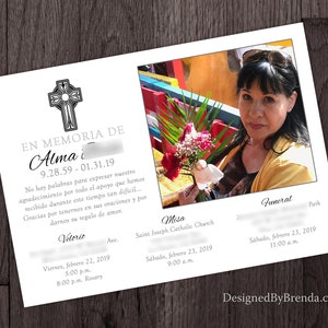 May include: A black and white image of a cross with a white circle in the center. The text "EN MEMORIA DE Alma 9.28.59 - 01.31.19" is below the cross. The text "No hay palabras para expresar nuestro agradecimiento por todo el apoyo que hemos recibido durante este tiempo tan difícil... Gracias por tenernos en sus oraciones y por darnos su regalo de amor." is below the text. The text "Vetorio Ave. Viernes, febrero 22, 2019 5:00 p.m. 8:00 p.m. Rosary" is below the text. The text "Misa Saint Joseph Catholic Church Sábado, febrero 23, 2019 9:00 a.m." is below the text. The text "Funeral Purk Sábado, febrero 23, 2019 11:00 a.m." is below the text. A photo of a woman with dark hair and a yellow shirt is in the upper right corner of the image.