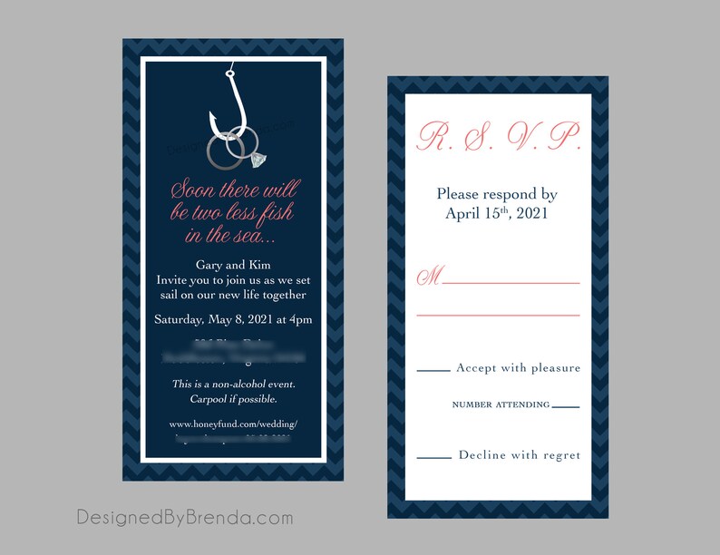 Two Less Fish in the Sea Wedding Invitation Coral & Navy Blue can be any colors Rings on Fishing Hook RSVP Cards can be added Custom image 6