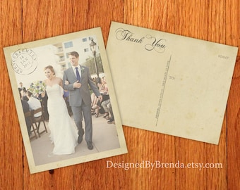 Vintage Wedding Thank You Postcards with Postmark & Photo - Personalized Rustic Card - Recycled Cardstock Matte Finish - Custom Designed