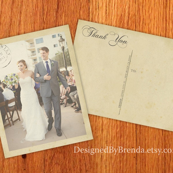 Postales de agradecimiento de boda vintage con matasellos y foto - Tarjeta rústica personalizada - Cartulina reciclada con acabado mate - Diseño personalizado