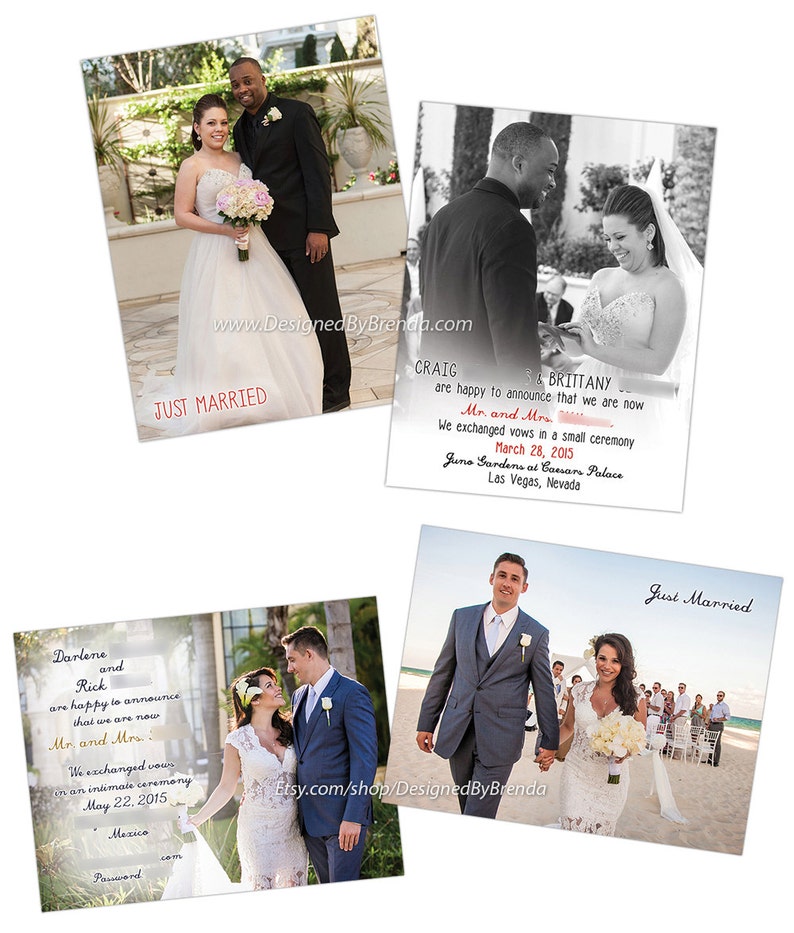 Just Married Wedding Announcements Double Sided Any Colors Photo on both sides Pefect for Destination Wedding or Elopement image 5