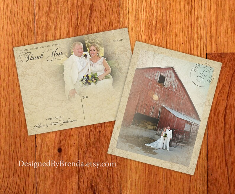 Vintage Lace Overlay Wedding Thank You Postcards With Rustic Photos ...