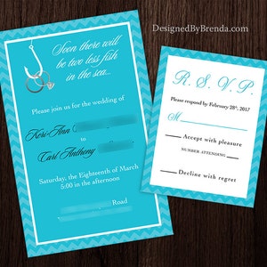 Two Less Fish in the Sea Wedding Invitation Coral & Navy Blue can be any colors Rings on Fishing Hook RSVP Cards can be added Custom image 7