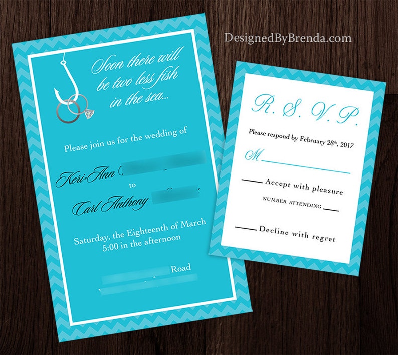 Two Less Fish in the Sea Wedding Invitation Coral & Navy Blue can be any colors Rings on Fishing Hook RSVP Cards can be added Custom image 7